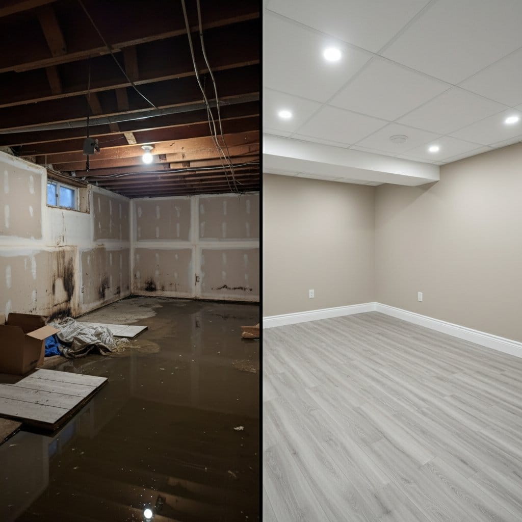 Water Damage Restoration before and after in residential basement, Hackensack NJ