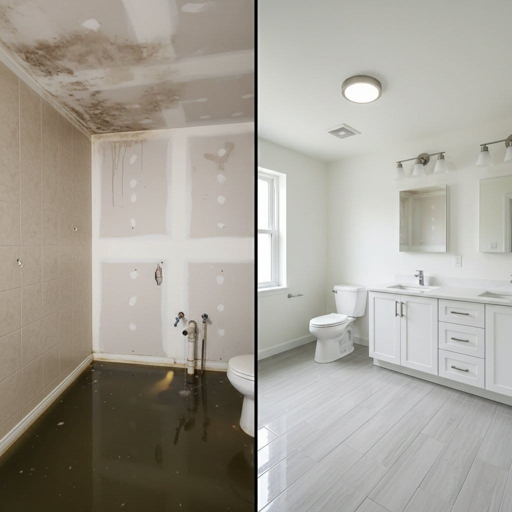 Before and after water damage restoration in Hackensack split-level home bathroom