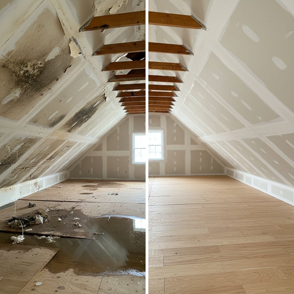 Before and after basement flood cleanup in Hackensack commercial property attic space