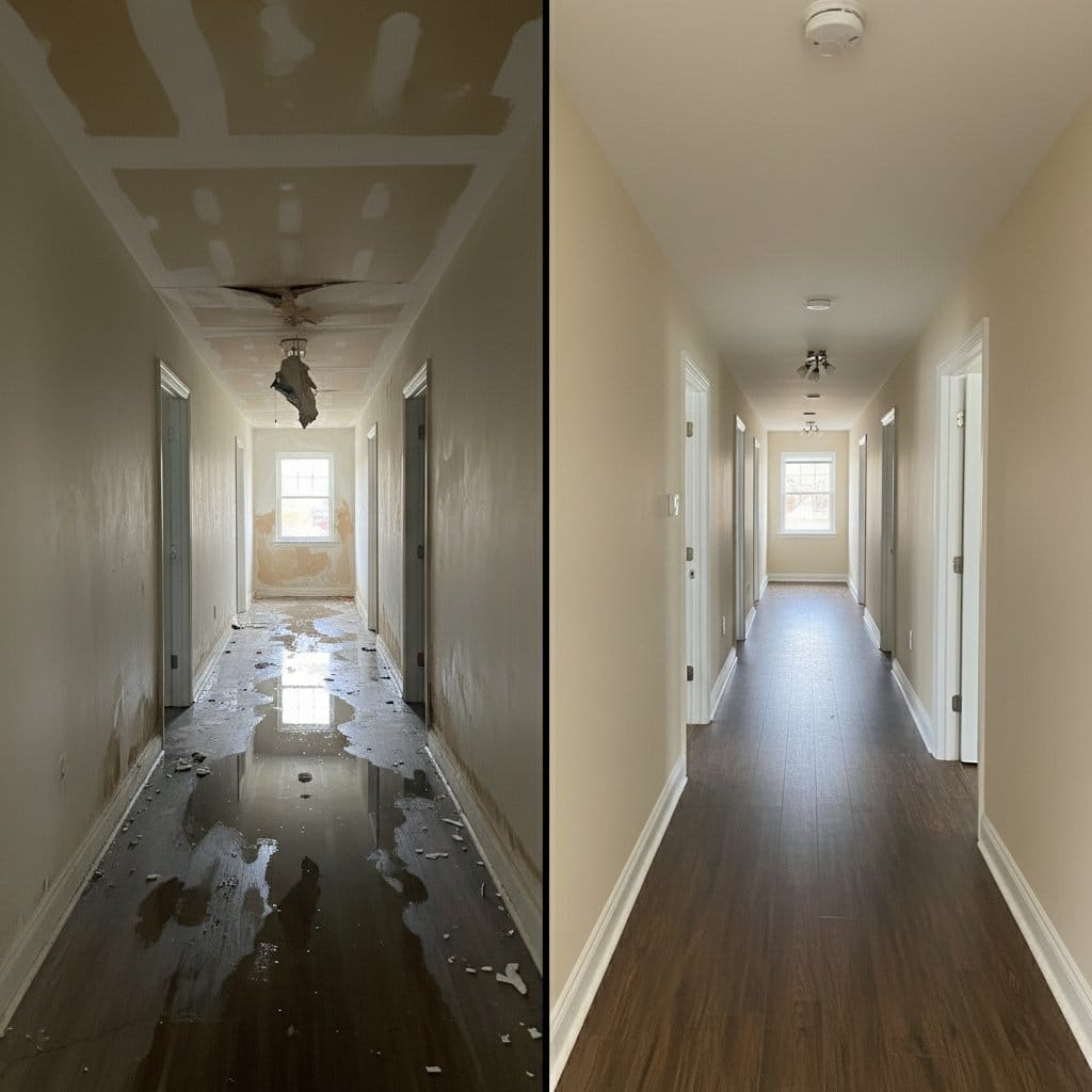 Burst Pipe & Plumbing Leak Damage before and after in hallway, Hackensack NJ