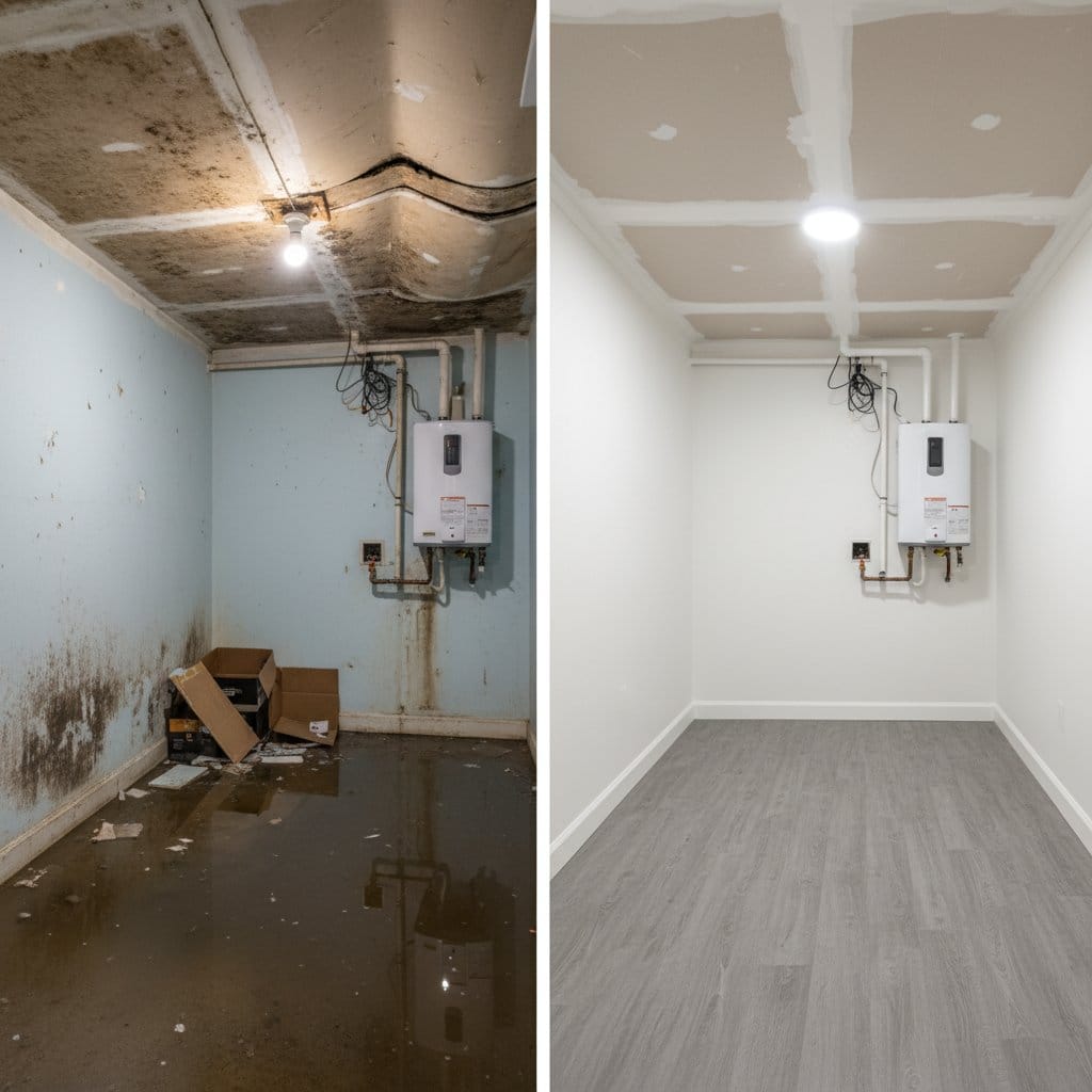Storm & Roof Leak Water Damage restoration — utility room of split-level home in Hackensack, NJ
