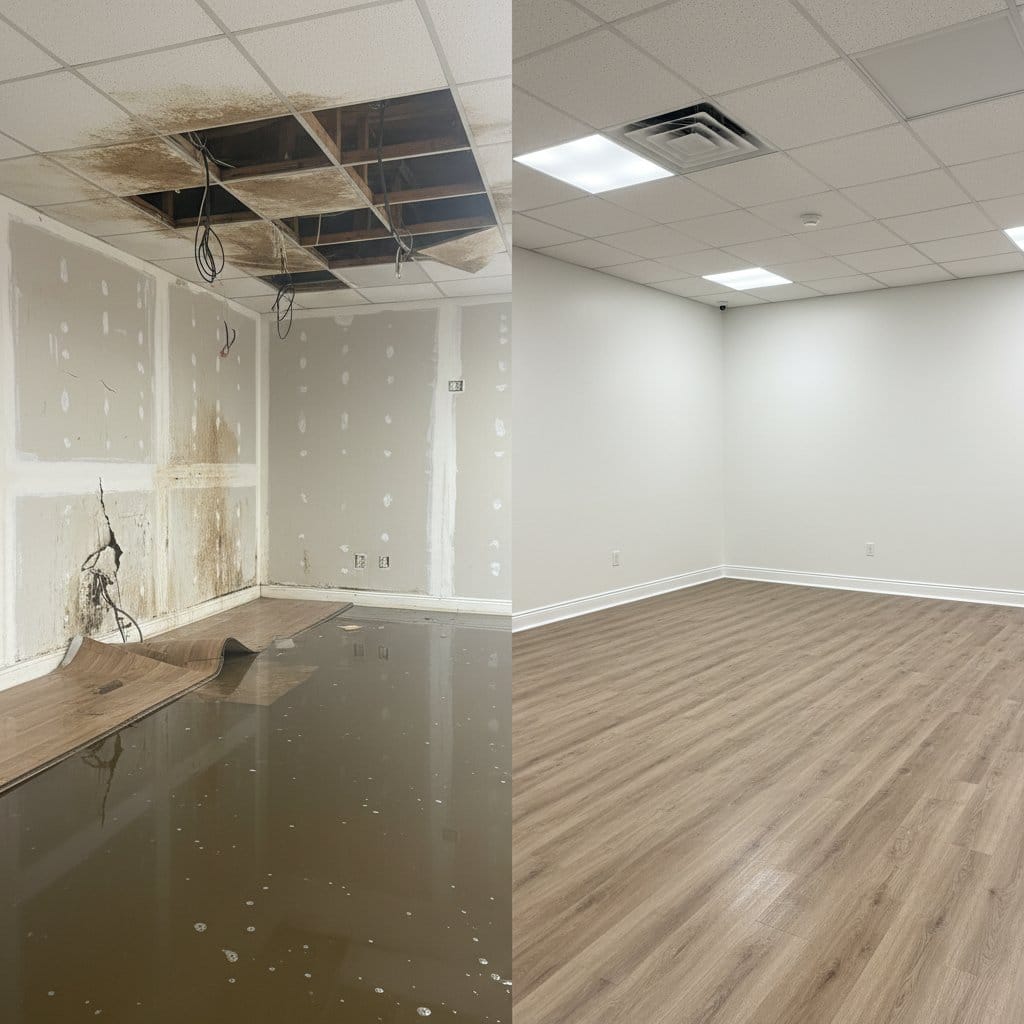 Before and after storm & roof leak water damage in Hackensack Cape Cod house storefront interior