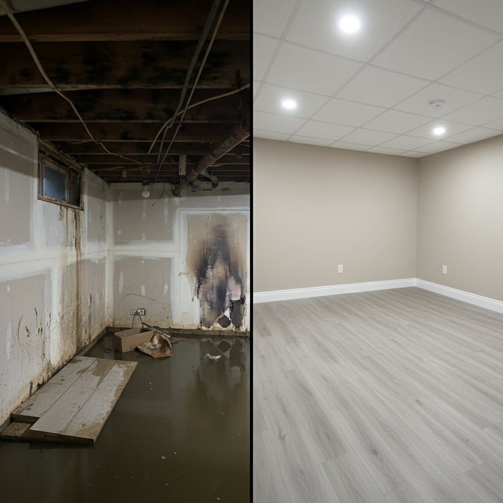 Sewage Backup Cleanup before and after in residential basement, Hackensack NJ