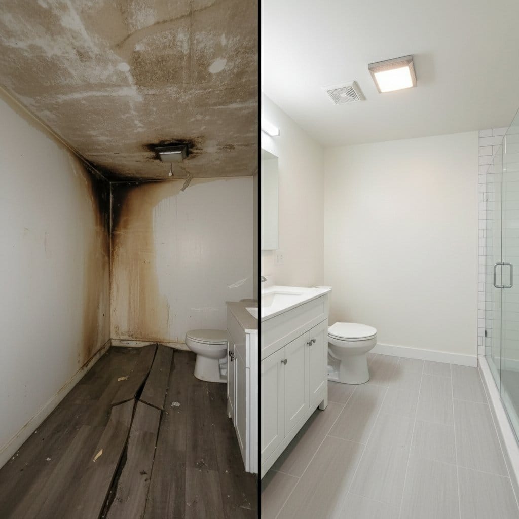 Before and after sewage backup cleanup in Hackensack private residence bathroom