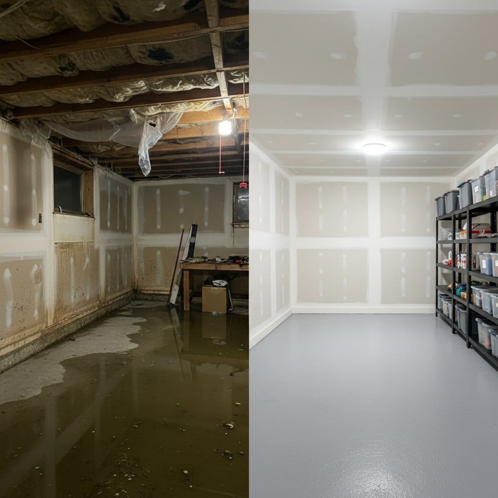 Carpet & Flooring Water Damage Cleanup before and after in garage, Hackensack NJ