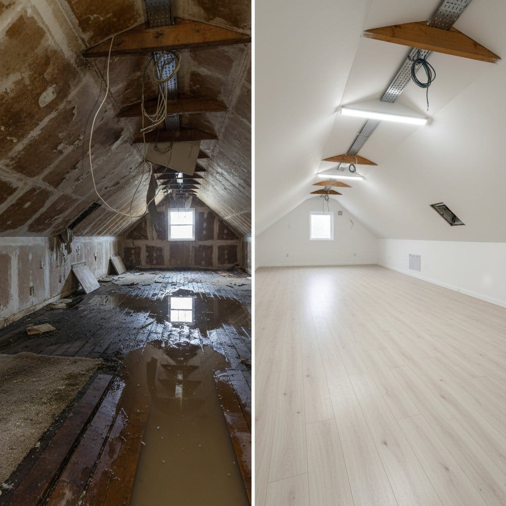 Before and after carpet & flooring water damage cleanup in Hackensack single-family home attic space