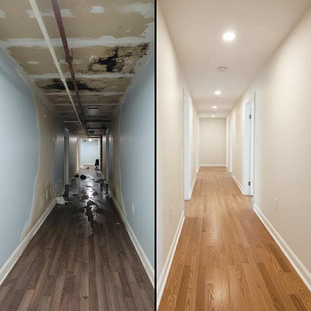 Wall & Ceiling Dry-Out before and after in hallway, Hackensack NJ