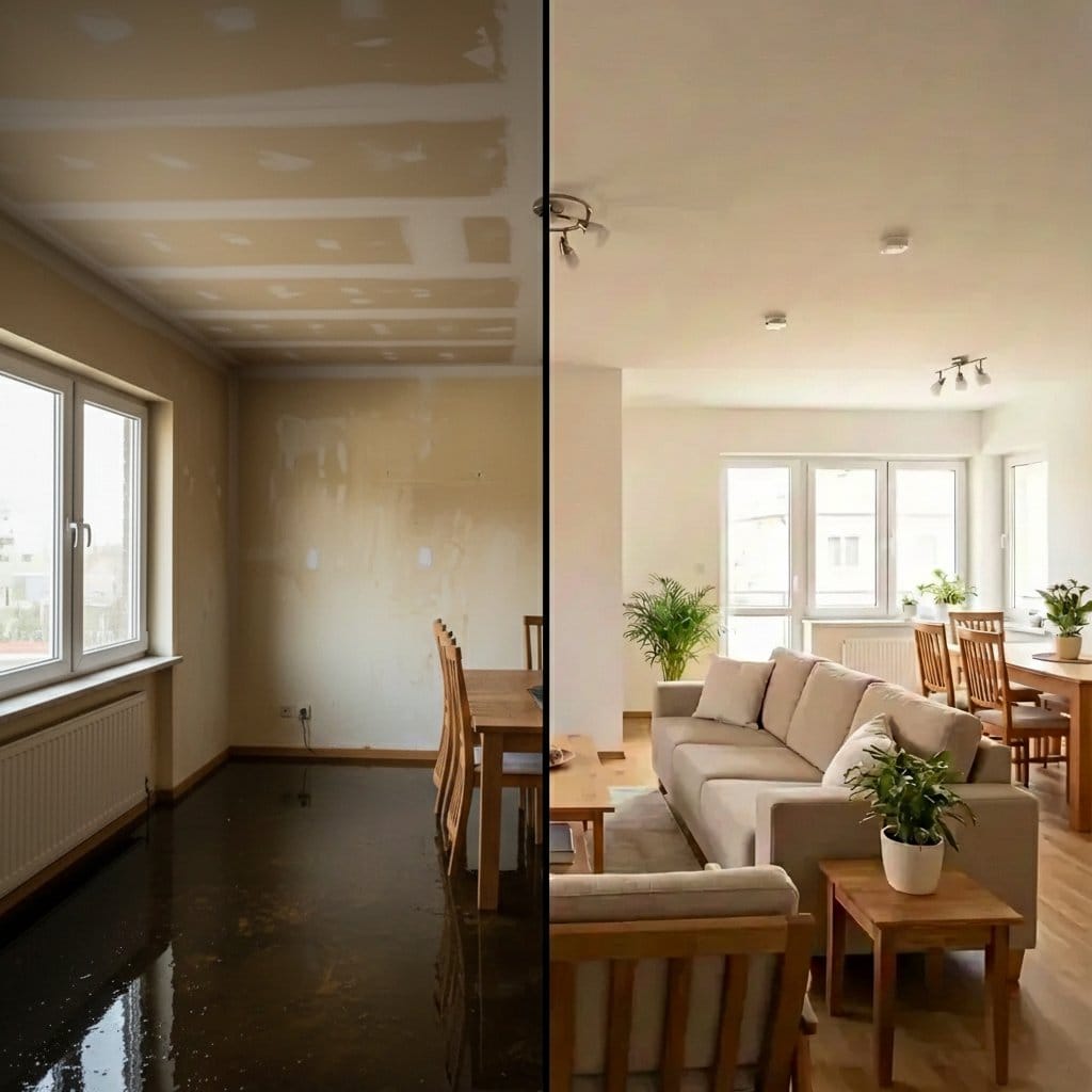 Before and after wall & ceiling dry-out in Hackensack ranch-style home dining room