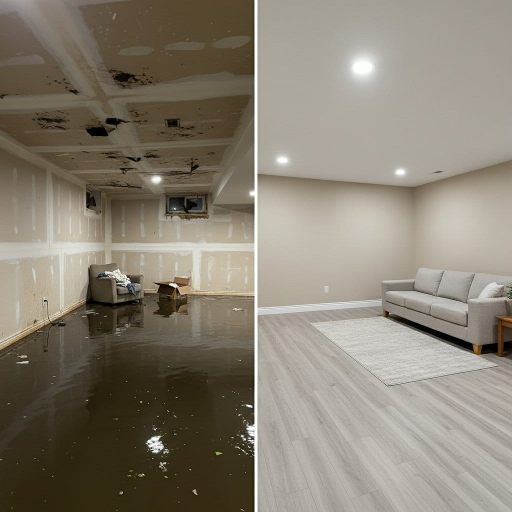 Content Drying & Property Cleanup before and after in finished basement, Hackensack NJ