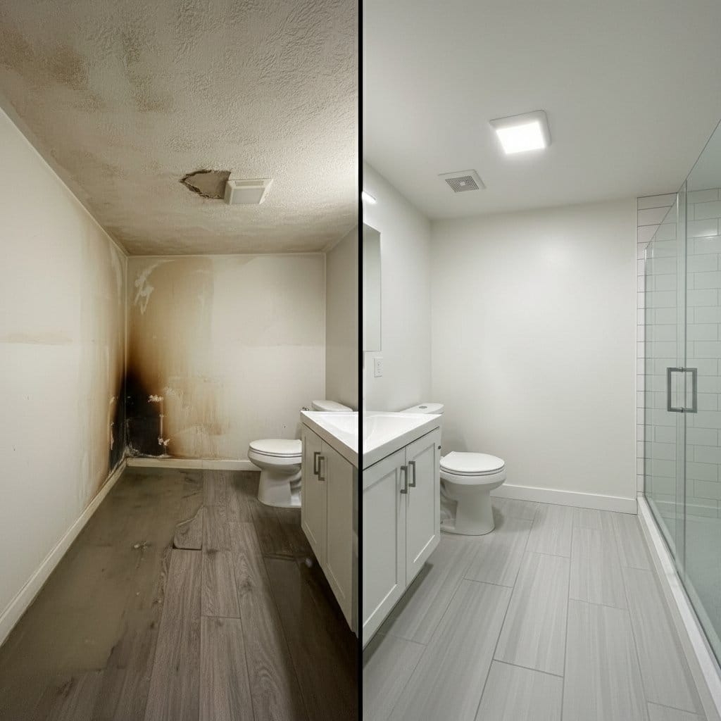 Before and after mold prevention after water damage in Hackensack Victorian home bathroom